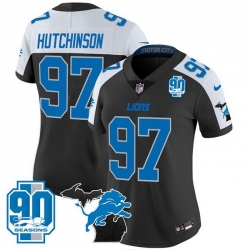 Women Detroit Lions 97 Aidan Hutchinson Black White 2024 F U S E Michigan Patch  26 90th Year Patch Vapor Limited Stitched Jersey 