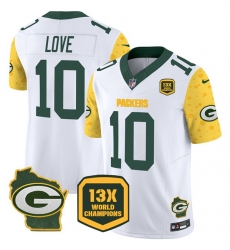 Men Green Bay Packers 10 Jordan Love Cheese White 2024 F U S E  13 Time World Champions And Home Patch Vapor Untouchable Limited Stitched Football Jersey