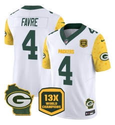 Men Green Bay Packers 4 Brett Favre Cheese White 2024 F U S E  13 Time World Champions And Home Patch Vapor Untouchable Limited Stitched Football Jersey