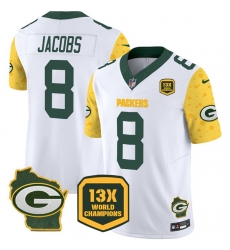 Men Green Bay Packers 8 Josh Jacobs Cheese White 2024 F U S E  13 Time World Champions And Home Patch Vapor Untouchable Limited Stitched Football Jersey