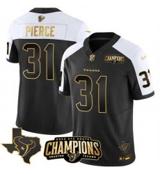 Men Houston Texans 31 Dameon Pierce Black White Golden 2023 F U S E  With AFC South Champions Patch And Team Logo Patch Limited Stitched Football Jersey