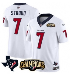 Men Houston Texans 7 C J  Stroud White 2023 F U S E  AFC South Champions Patch And Team Logo Patch Vapor Untouchable Limited Stitched Football Jersey