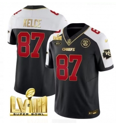 Youth Kansas City Chiefs 87 Travis Kelce Black White 2024 F U S E Super Bowl LVIII Patch With NKH Patch Vapor Untouchable Limited Stitched Football Jersey