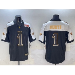 Men Philadelphia Eagles 1 Jalen Hurts Black Gold 2025 Super Bowl LIX Patch New F U S E  Vapor Untouchable Limited Stitched Football Jersey