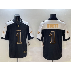 Men Philadelphia Eagles 1 Jalen Hurts Black Gold New F U S E  Vapor Untouchable Limited Stitched Football Jersey