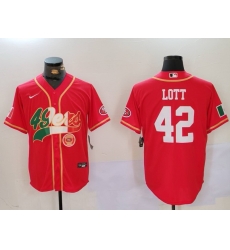 Men San Francisco 49ers 42 Ronnie Lott Red With Patch Cool Base Stitched Baseball Jersey  2