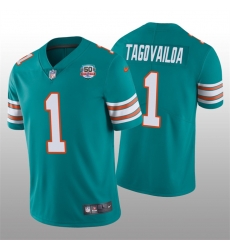 Men Miami Dolphins 1 Tua Tagovailoa 2022 Aqua With 50th Perfect Season Patch Limited Stitched JerseyS