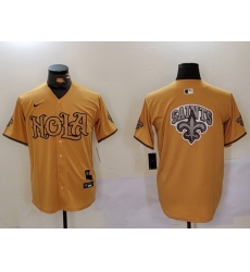 Men New Orleans Saints Team Big Logo Gold Cool Base Stitched Baseball Jersey