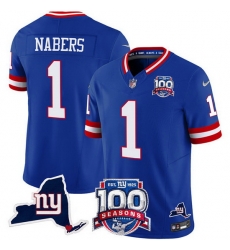 Men New York Giants 1 Malik Nabers Royal 2024 F U S E 100th Season And State Patch Vapor Limited Stitched Football Jersey