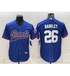 Men New York Giants 26 Saquon Barkley Blue With Patch Cool Base Stitched Baseball Jersey