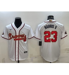 Men Atlanta Braves 23 Michael Harris II White Gold World Series Champions Program Cool Base Stitched Baseball Jersey