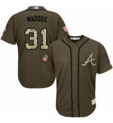 Youth Majestic Atlanta Braves 31 Greg Maddux Replica Green Salute to Service MLB Jersey