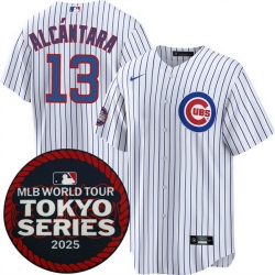 Men Chicago Cubs 13 Kevin Alc E1ntara White 2025 World Tour Tokyo Series Home Stitched Baseball Jersey