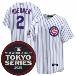 Men Chicago Cubs 2 Nico Hoerner White 2025 World Tour Tokyo Series Home Stitched Baseball Jersey