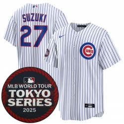 Men Chicago Cubs 27 Seiya Suzuki White 2025 World Tour Tokyo Series Home Stitched Baseball Jersey