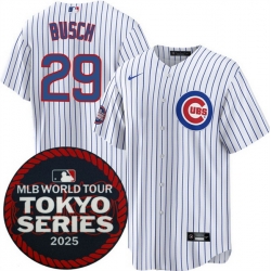 Men Chicago Cubs 29 Michael Busch White 2025 World Tour Tokyo Series Home Stitched Baseball Jersey