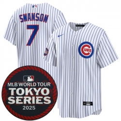 Men Chicago Cubs 7 Dansby Swanson White 2025 World Tour Tokyo Series Home Stitched Baseball Jersey