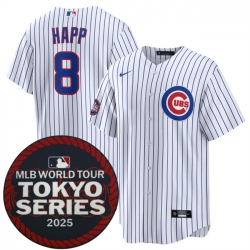 Men Chicago Cubs 8 Ian Happ White 2025 World Tour Tokyo Series Home Stitched Baseball Jersey