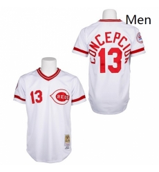 Mens Mitchell and Ness Cincinnati Reds 13 Dave Concepcion Replica White Throwback MLB Jersey