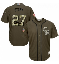 Mens Majestic Colorado Rockies 27 Trevor Story Replica Green Salute to Service MLB Jersey