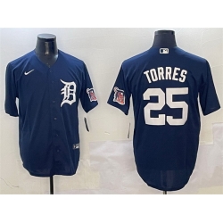 Men Detroit Tigers 25 Gleyber Torres Navy With Patch Cool Base Stitched Baseball Jersey