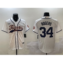 Men Detroit Tigers 34 Jake Rogers White With Patch Cool Base Stitched Baseball Jersey