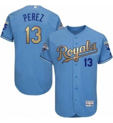 Men Majestic Kansas City Royals 13 Salvador Perez Authentic Light Blue 2015 World Series Champions Gold Program Cool Base MLB Jersey