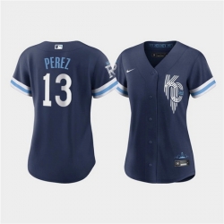 Women Kansas City Royals 13 Salvador Perez 2022 Navy City Connect Cool Base Stitched Jersey