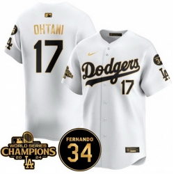 Men Los Angeles Dodgers 17 Shohei Ohtani White Gold 2024 World Series Champions  26 Fernando Memorial Patch Vapor Premier Limited Stitched Baseball Jersey