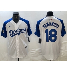 Men Los Angeles Dodgers 18 Yoshinobu Yamamoto White Blue Vin Patch Cool Base Stitched Baseball Jersey