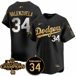 Men Los Angeles Dodgers 34 Fernando Valenzuela Black Gold 2024 World Series Champions  26 Fernando Memorial Patch Vapor Premier Limited Stitched Baseball J