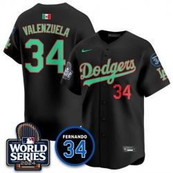 Men Los Angeles Dodgers 34 Fernando Valenzuela Black Mexico 2024 World Series  26 Fernando Memorial Patch Vapor Premier Limited Stitched Baseball Jersey