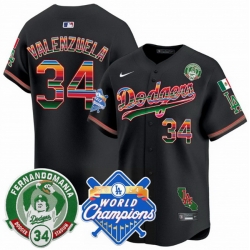 Men Los Angeles Dodgers 34 Fernando Valenzuela Black Mexico Fernando Valenzuela  26 2024 World Champions Patch Vapor Premier Limited Stitched Baseball Jers