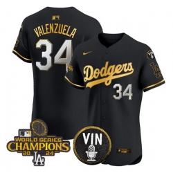 Men Los Angeles Dodgers 34 Toro Valenzuela Black Gold 2024 World Series Champions With Vin Patch Vapor Limited Stitched Baseball Jersey