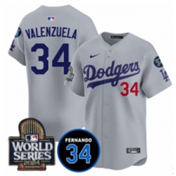 Men Los Angeles Dodgers 34 Toro Valenzuela Grey 2024 World Series With Fernando Memorial Patch Limited Stitched Baseball Jersey