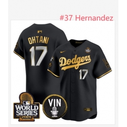 Men Los Angeles Dodgers 37 Teoscar Hernandez Black Gold 2024 World Series Patch VIN Patch Alternate Limited Stitched Baseball Jersey