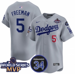 Men Los Angeles Dodgers 5 Freddie Freeman Grey 2024 World Series MVP  26 Fernando Memorial Patch Vapor Premier Limited Stitched Baseball Jersey