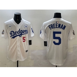 Men Los Angeles Dodgers 5 Freddie Freeman White 2024 World Series With No  34 Patch Home Limited Stitched Baseball Jersey