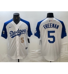 Men Los Angeles Dodgers 5 Freddie Freeman White Blue Vin Patch Cool Base Stitched Baseball Jersey