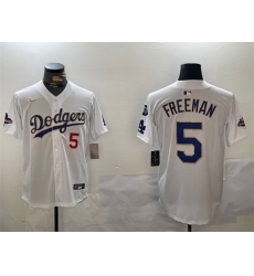 Men Los Angeles Dodgers 5 Freddie Freeman White Gold 2024 World Series Champions With Fernando Memorial Patch Home Limited Stitched Baseball Jersey