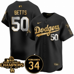 Men Los Angeles Dodgers 50 Mookie Betts Black Gold 2024 World Series Champions  26 Fernando Memorial Patch Vapor Premier Limited Stitched Baseball Jersey