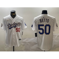 Men Los Angeles Dodgers 50 Mookie Betts White Gold 2024 World Series Home Limited Stitched Baseball Jersey