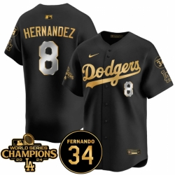 Men Los Angeles Dodgers 8 Enrique Hernandez Black Gold 2024 World Series Champions  26 Fernando Memorial Patch Vapor Premier Limited Stitched Baseball Jers