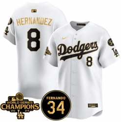 Men Los Angeles Dodgers 8 Enrique Hernandez White Gold 2024 World Series Champions  26 Fernando Memorial Patch Vapor Premier Limited Stitched Baseball Jers