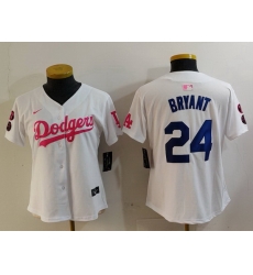 Women Los Angeles Dodgers 24 Kobe Bryant White Pink Vin  26 Kobe Patch Stitched Baseball Jersey