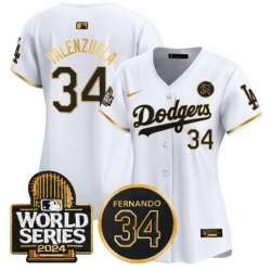 Women Los Angeles Dodgers 34 Fernando Valenzuela White Gold 2024 World Series  26 Fernando Memorial Patch Limited Stitched Baseball Jersey 28Run Small 29