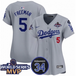 Women Los Angeles Dodgers 5 Freddie Freeman Grey 2024 World Series MVP  26 Fernando Memorial Patch Limited Stitched Baseball Jersey 28Run Small 29