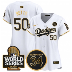 Women Los Angeles Dodgers 50 Mookie Betts White Gold 2024 World Series  26 Fernando Memorial Patch Limited Stitched Baseball Jersey 28Run Small 29