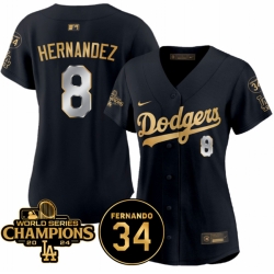 Women Los Angeles Dodgers 8 Enrique Hernandez Black Gold 2024 World Series Champions  26 Fernando Memorial Patch Limited Stitched Baseball Jersey 28Run Sma