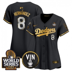 Women Los Angeles Dodgers 8 Enrique Hernandez Black Gold 2024 World Series With Vin  26 Kobe Patch Limited Stitched Baseball Jersey 28Run Small 29